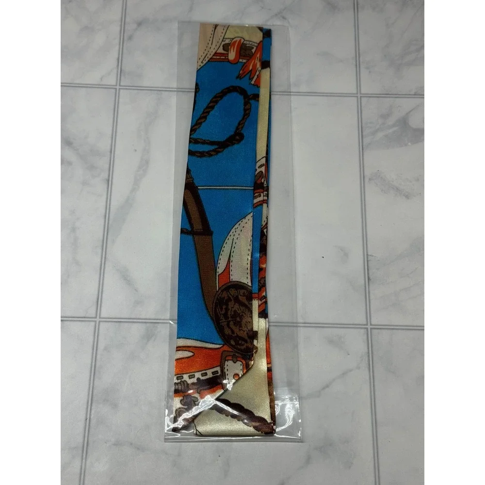 Blue Equestrian Print Skinny Scarf Handbag Wrap Headband Silk Style Tie